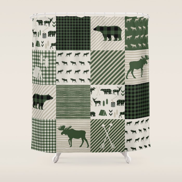 Camping hunter green plaid quilt cheater quilt baby nursery cute pattern bear moose cabin life Shower Curtain Gallery Image 1