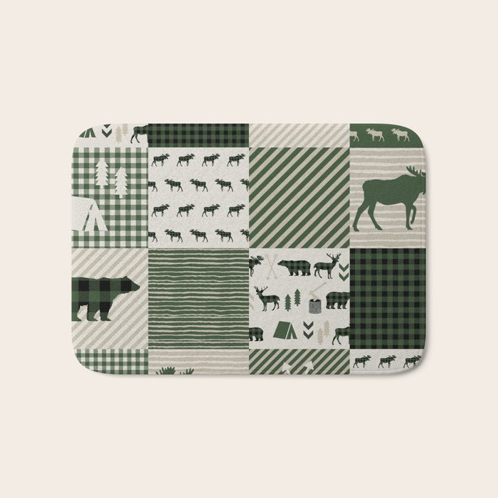 Camping hunter green plaid quilt cheater quilt baby nursery cute pattern bear moose cabin life Bath Mat Gallery Image 1