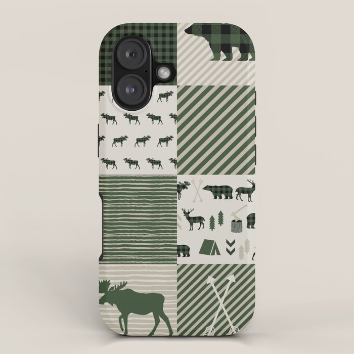 Camping hunter green plaid quilt cheater quilt baby nursery cute pattern bear moose cabin life iPhone Case Gallery Image 1