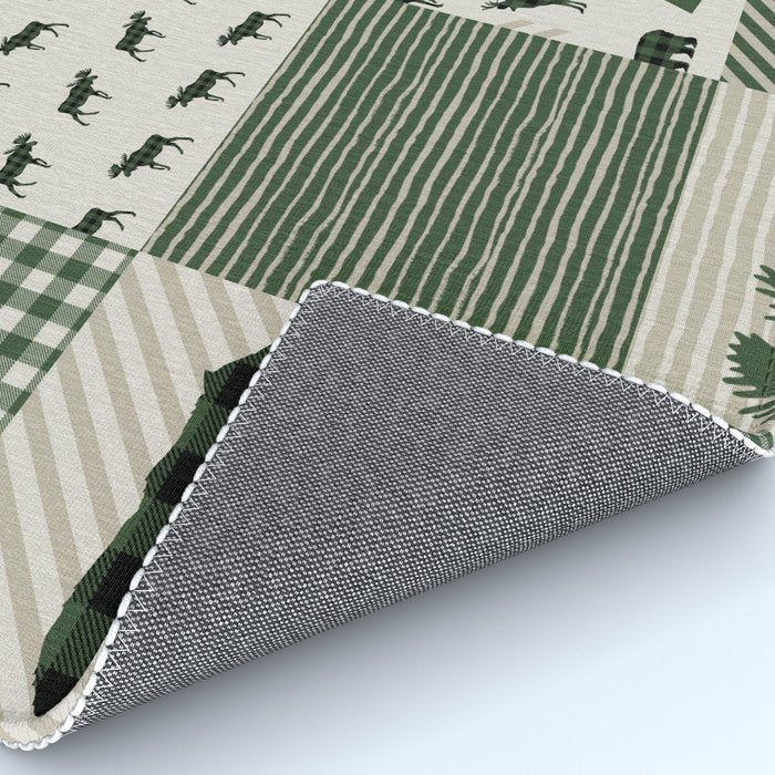 Camping hunter green plaid quilt cheater quilt baby nursery cute pattern bear moose cabin life Rug Gallery Image 4