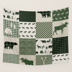 Camping hunter green plaid quilt cheater quilt baby nursery cute pattern bear moose cabin life Wall Tapestry Gallery Image 4