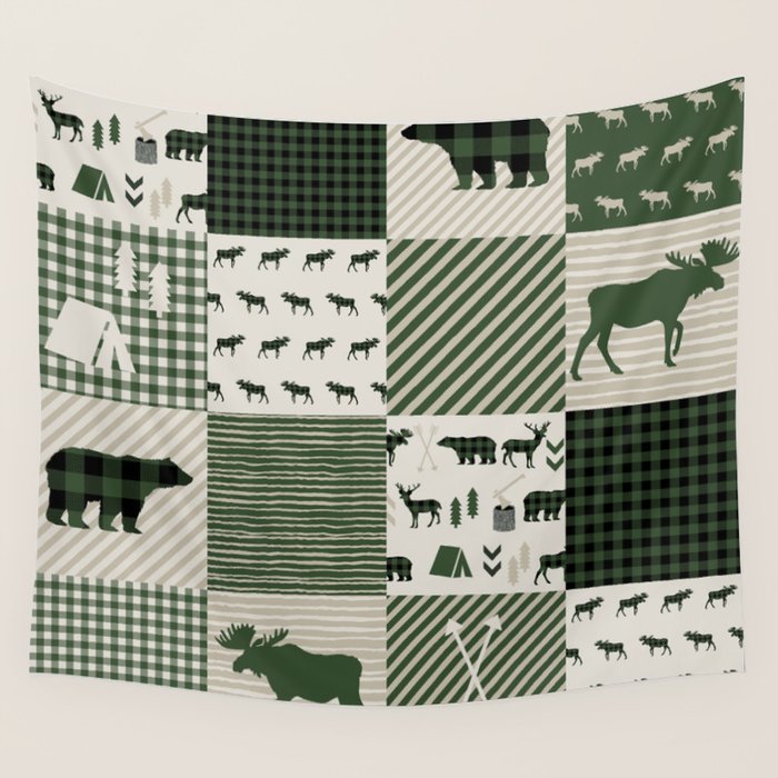 Camping hunter green plaid quilt cheater quilt baby nursery cute pattern bear moose cabin life Wall Tapestry Gallery Image 4
