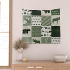 Camping hunter green plaid quilt cheater quilt baby nursery cute pattern bear moose cabin life Wall Tapestry Gallery Image 2