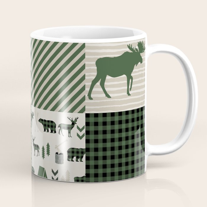 Camping hunter green plaid quilt cheater quilt baby nursery cute pattern bear moose cabin life Coffee Mug Gallery Image 1