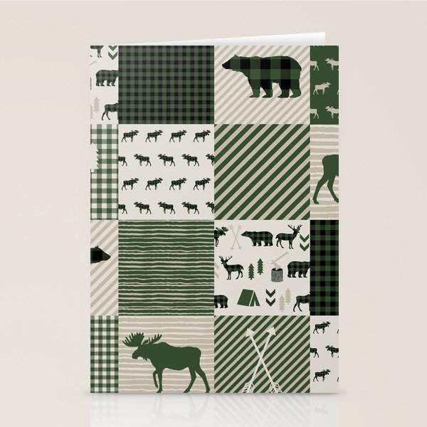 Camping hunter green plaid quilt cheater quilt baby nursery cute pattern bear moose cabin life Stationery Card Gallery Image 2