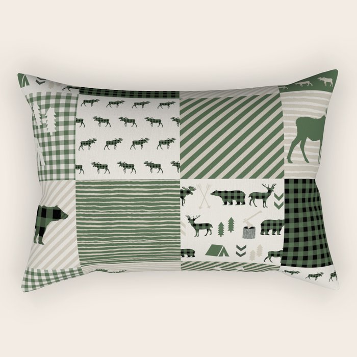 Camping hunter green plaid quilt cheater quilt baby nursery cute pattern bear moose cabin life Rectangular Pillow Gallery Image 1