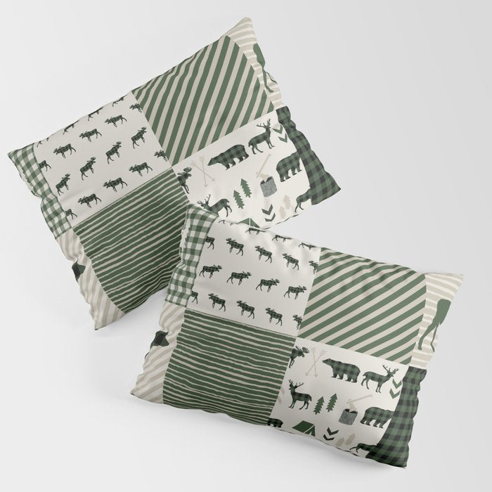 Camping hunter green plaid quilt cheater quilt baby nursery cute pattern bear moose cabin life Pillow Sham Gallery Image 3