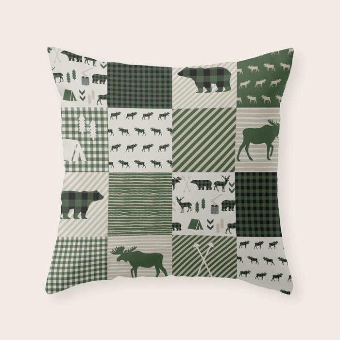 Camping hunter green plaid quilt cheater quilt baby nursery cute pattern bear moose cabin life Throw Pillow Gallery Image 6