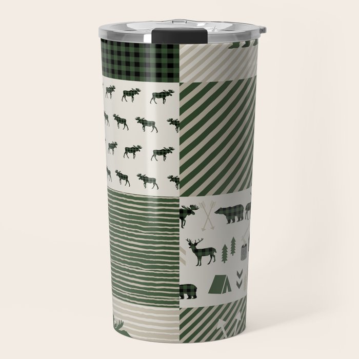 Camping hunter green plaid quilt cheater quilt baby nursery cute pattern bear moose cabin life Travel Mug Gallery Image 1