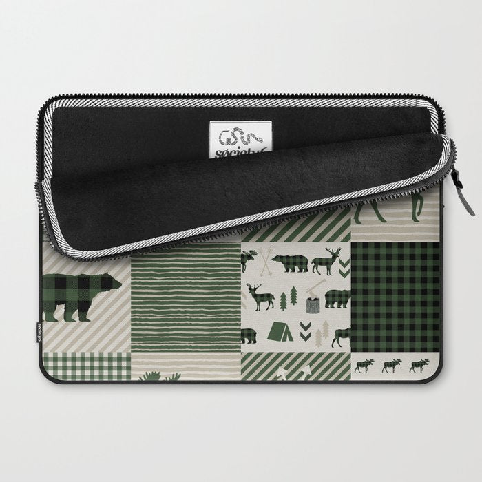 Camping hunter green plaid quilt cheater quilt baby nursery cute pattern bear moose cabin life Laptop Sleeve Gallery Image 2