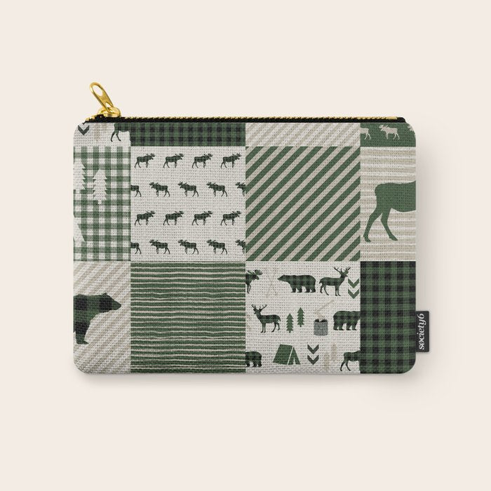 Camping hunter green plaid quilt cheater quilt baby nursery cute pattern bear moose cabin life Carry All Pouch Gallery Image 1