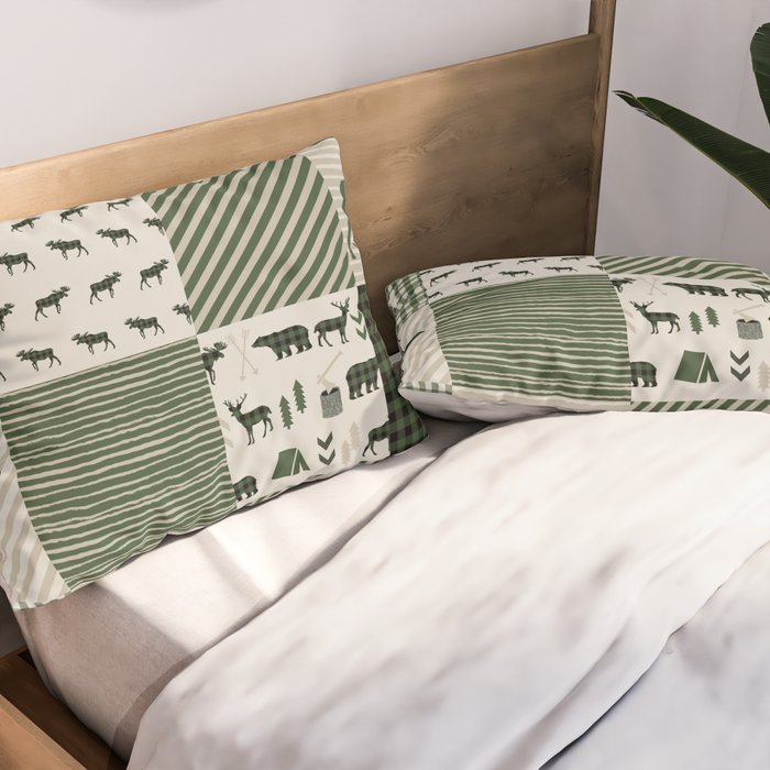 Camping hunter green plaid quilt cheater quilt baby nursery cute pattern bear moose cabin life Pillow Sham Gallery Image 2