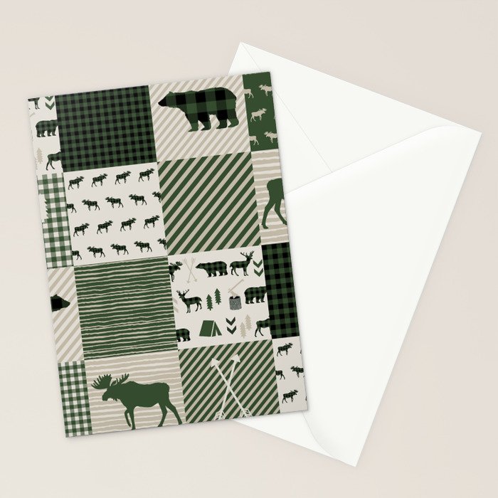 Camping hunter green plaid quilt cheater quilt baby nursery cute pattern bear moose cabin life Stationery Card Gallery Image 2
