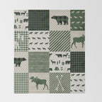 Camping hunter green plaid quilt cheater quilt baby nursery cute pattern bear moose cabin life Throw Blanket Gallery Image 2