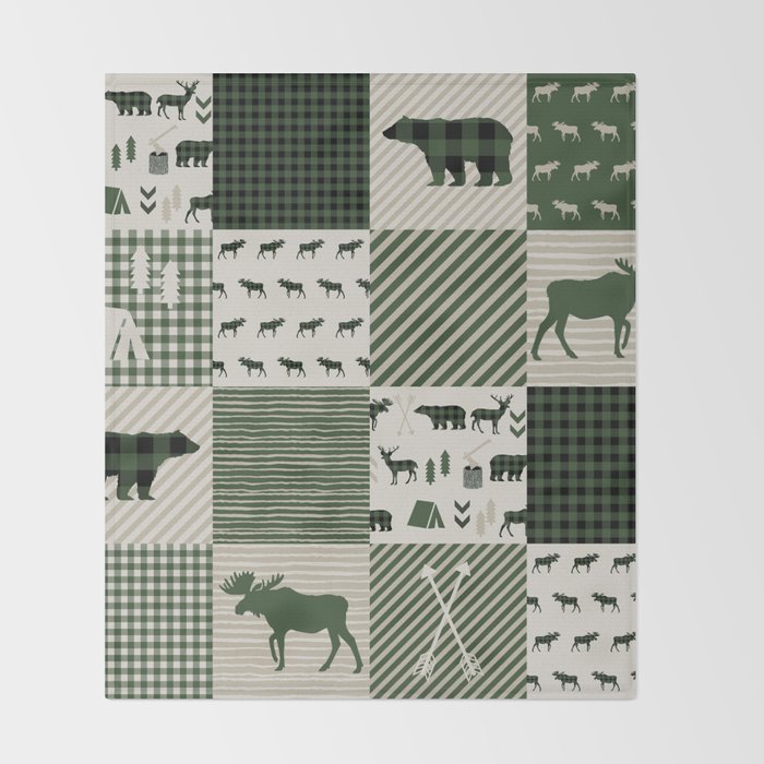 Camping hunter green plaid quilt cheater quilt baby nursery cute pattern bear moose cabin life Throw Blanket Gallery Image 2