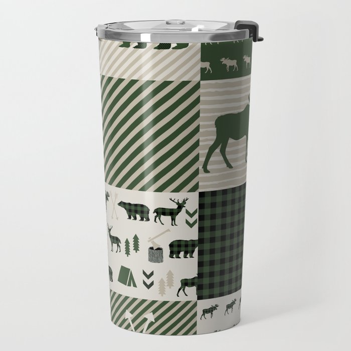 Camping hunter green plaid quilt cheater quilt baby nursery cute pattern bear moose cabin life Travel Mug Gallery Image 2