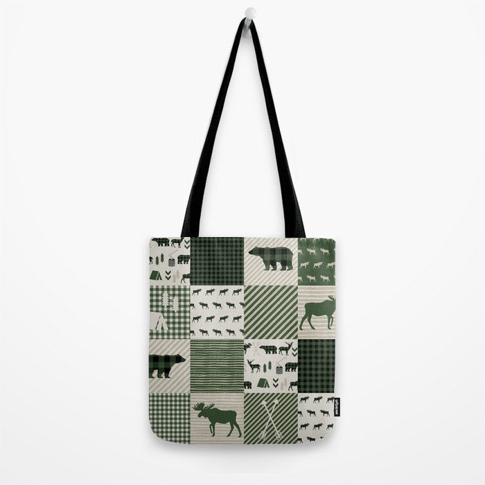Camping hunter green plaid quilt cheater quilt baby nursery cute pattern bear moose cabin life Tote Bag Gallery Image 2