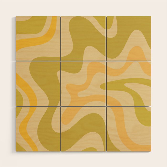 Retro Liquid Swirl Abstract Pattern Square Avocado Lemon Wood Wall Art Gallery Image 1