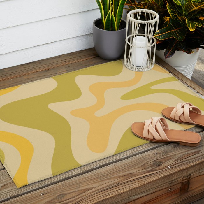 Retro Liquid Swirl Abstract Pattern Square Avocado Lemon Outdoor Rug Gallery Image 2
