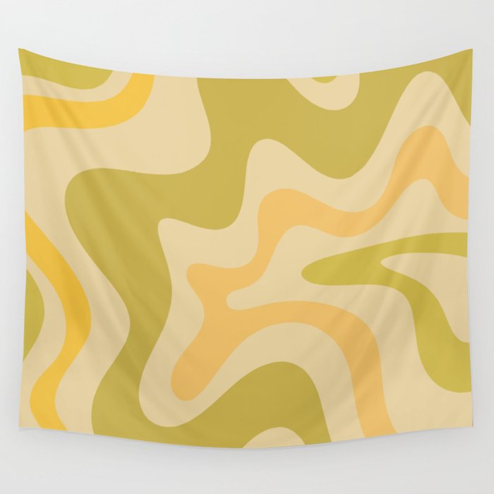 Retro Liquid Swirl Abstract Pattern Square Avocado Lemon Wall Tapestry Gallery Image 1