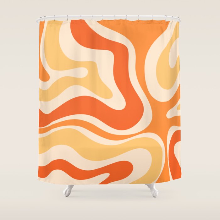 Retro Modern Liquid Swirl Abstract Pattern Square in Tangerine Orange Tones Shower Curtain Gallery Image 1