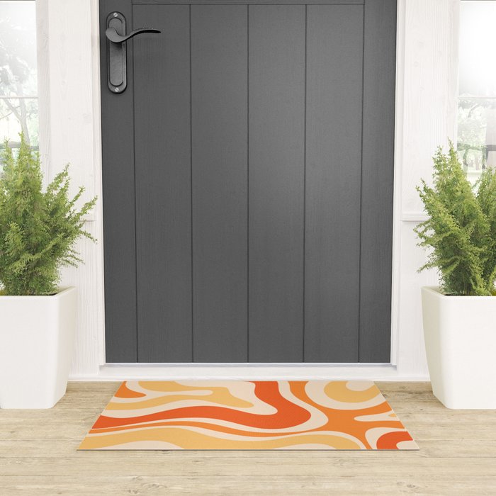Retro Modern Liquid Swirl Abstract Pattern Square in Tangerine Orange Tones Welcome Mat Gallery Image 3