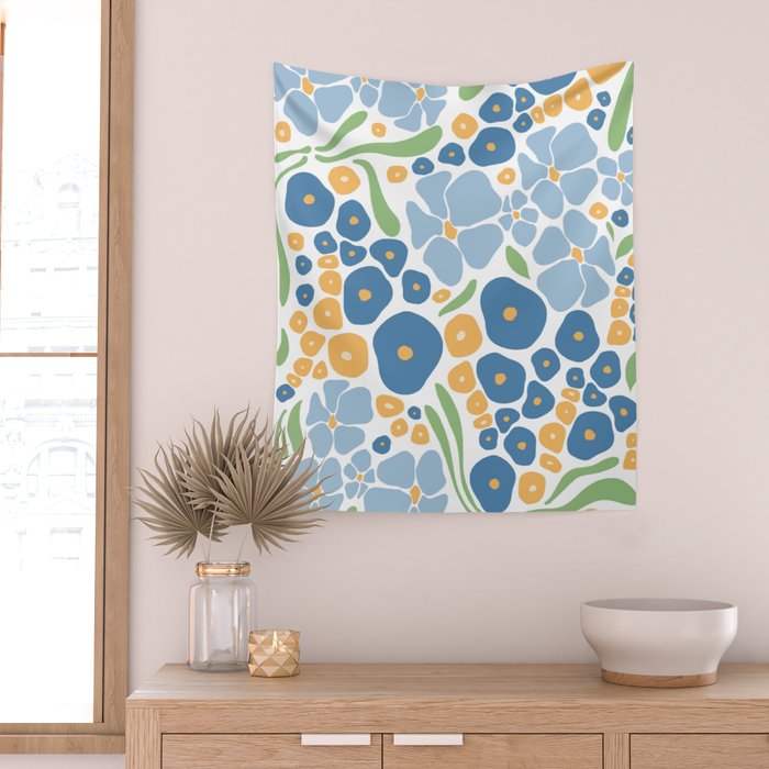 Blue and Yellow Flowers Wall Tapestry Gallery Image 2