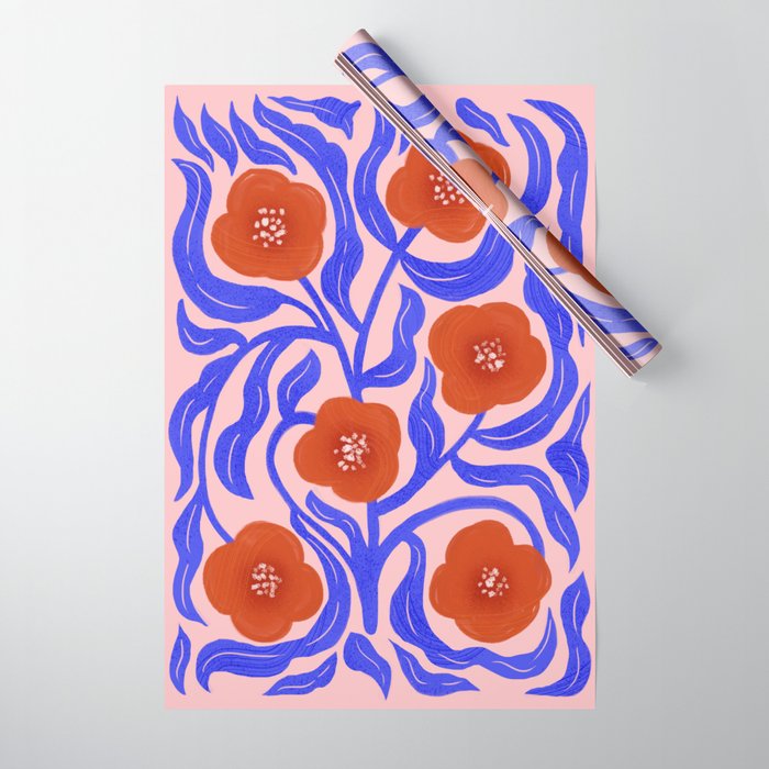 Bold Red Flowers And Blue Leaves Wrapping Paper Gallery Image 1