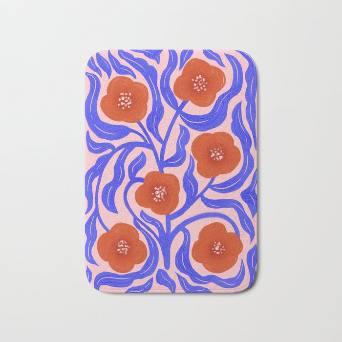 Bold Red Flowers And Blue Leaves Bath Mat Gallery Image 1