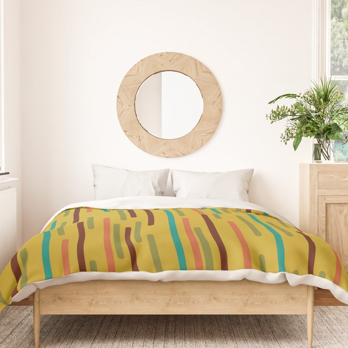 Mid-century Modern Line Dance in Teal, Orange, Olive and Mid Mod Mustard  Duvet Cover Gallery Image 3