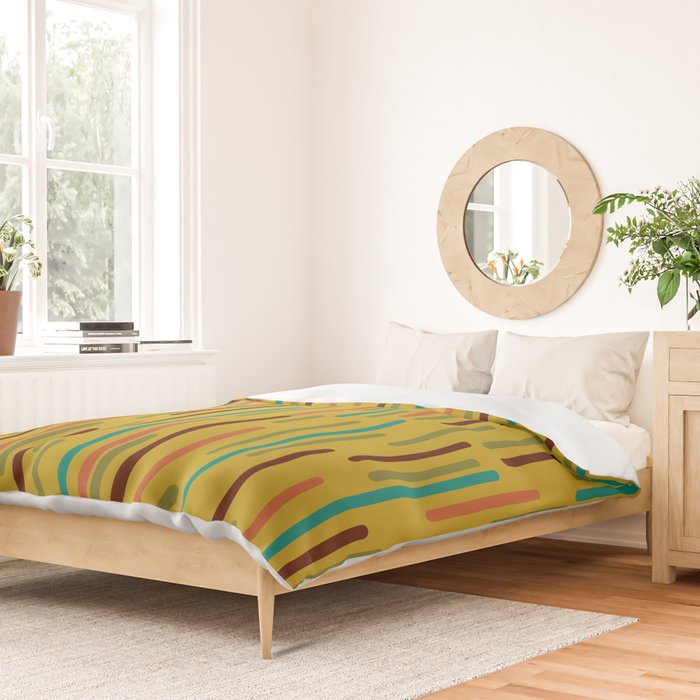 Mid-century Modern Line Dance in Teal, Orange, Olive and Mid Mod Mustard  Duvet Cover Gallery Image 2