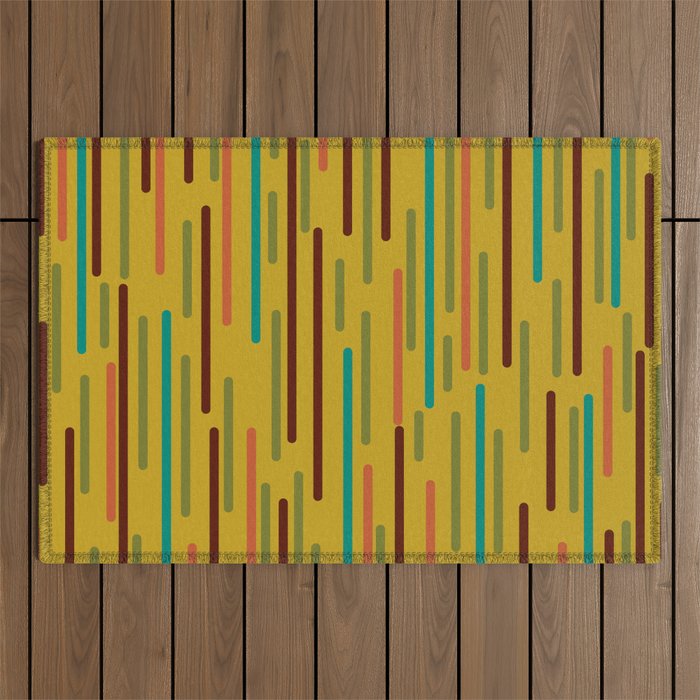 Mid-century Modern Line Dance in Teal, Orange, Olive and Mid Mod Mustard  Outdoor Rug Gallery Image 1