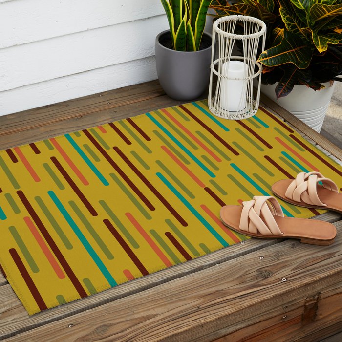 Mid-century Modern Line Dance in Teal, Orange, Olive and Mid Mod Mustard  Outdoor Rug Gallery Image 2