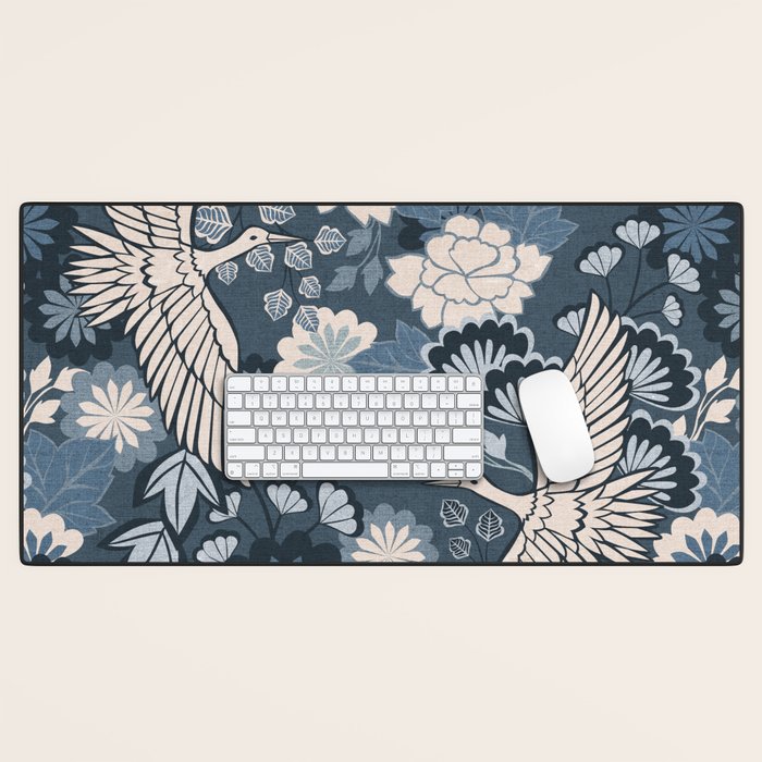 Cranes and Chrysanthemums - Indigo Blue Desk Mat Gallery Image 1