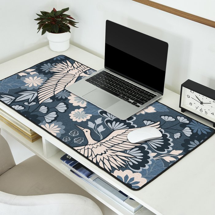 Cranes and Chrysanthemums - Indigo Blue Desk Mat Gallery Image 2