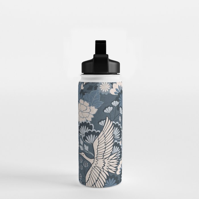 Cranes and Chrysanthemums - Indigo Blue Water Bottle Gallery Image 2