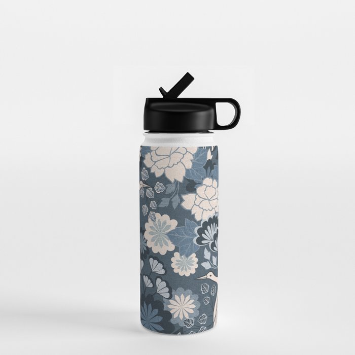 Cranes and Chrysanthemums - Indigo Blue Water Bottle Gallery Image 1