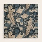 Cranes and Chrysanthemums - Indigo Blue Wood Wall Art Gallery Image 1
