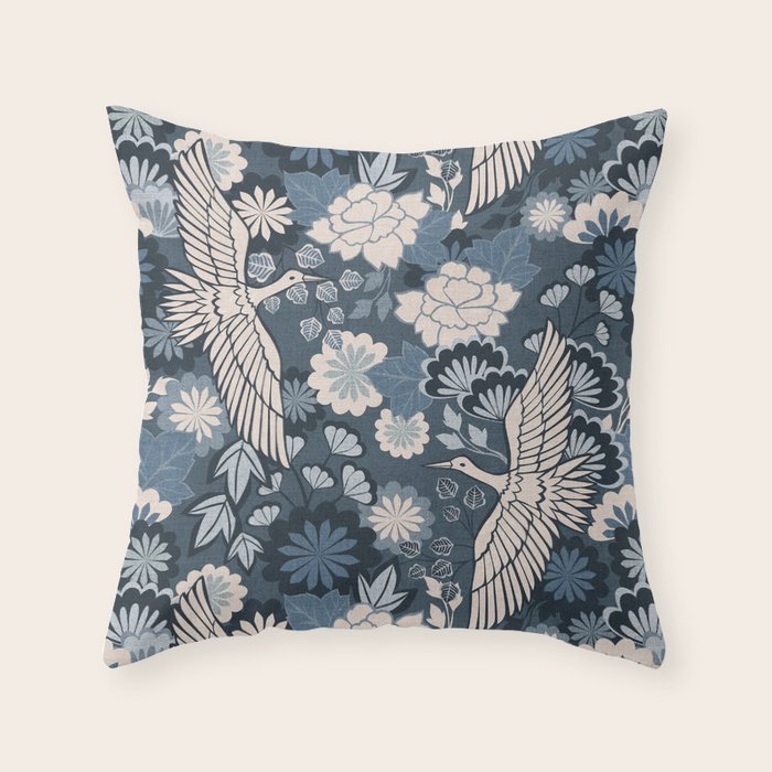 Cranes and Chrysanthemums - Indigo Blue Throw Pillow Gallery Image 6