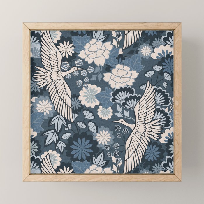 Cranes and Chrysanthemums - Indigo Blue Mini Art Print Gallery Image 1