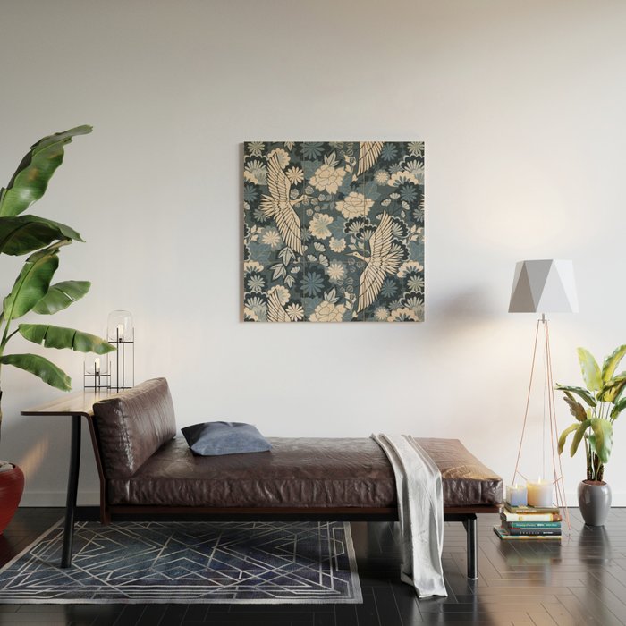 Cranes and Chrysanthemums - Indigo Blue Wood Wall Art Gallery Image 2
