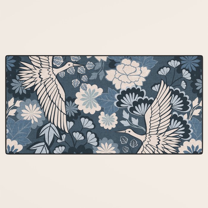 Cranes and Chrysanthemums - Indigo Blue Desk Mat Gallery Image 3