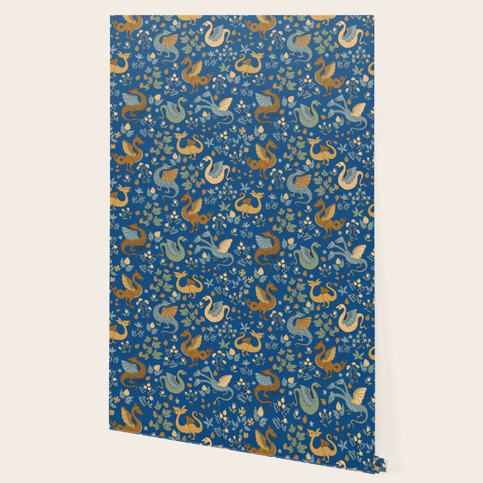 Dragons and Flowers on Classic Blue Wallpaper Gallery Image 2