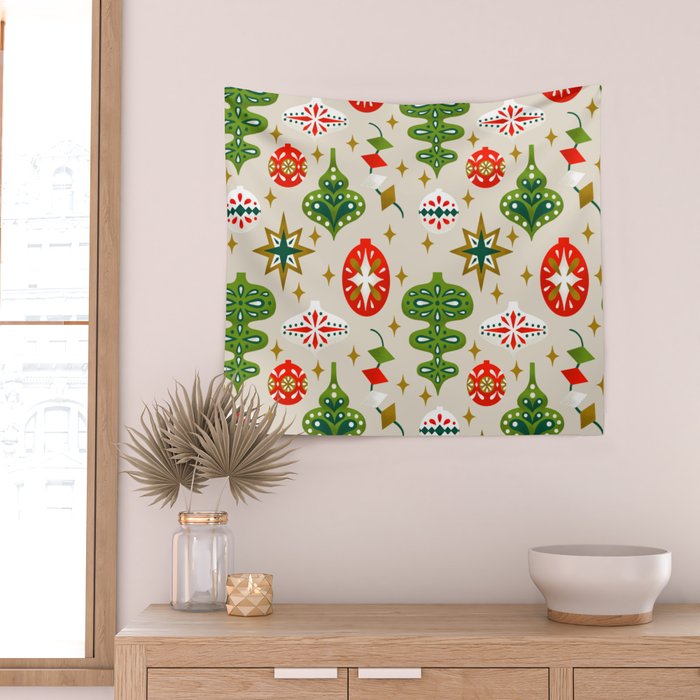 Vintage Christmas Ornaments Pattern Wall Tapestry Gallery Image 2