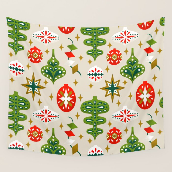 Vintage Christmas Ornaments Pattern Wall Tapestry Gallery Image 4