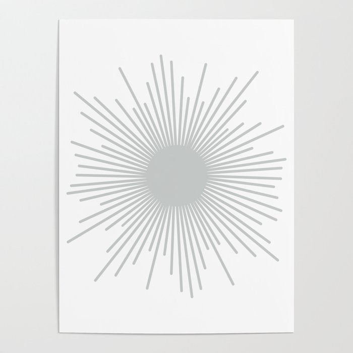 Mid Century Modern Sunburst Sun in Light Gray on White Poster Gallery Image 1