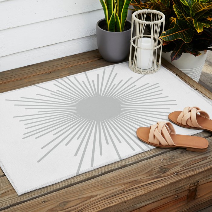 Mid Century Modern Sunburst Sun in Light Gray on White Outdoor Rug Gallery Image 2