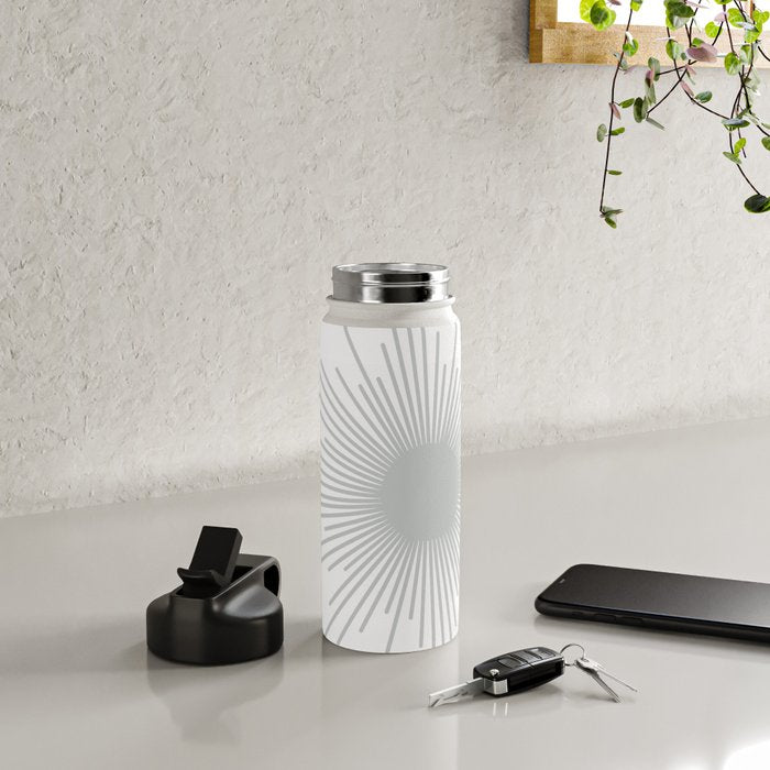 Mid Century Modern Sunburst Sun in Light Gray on White Water Bottle Gallery Image 4