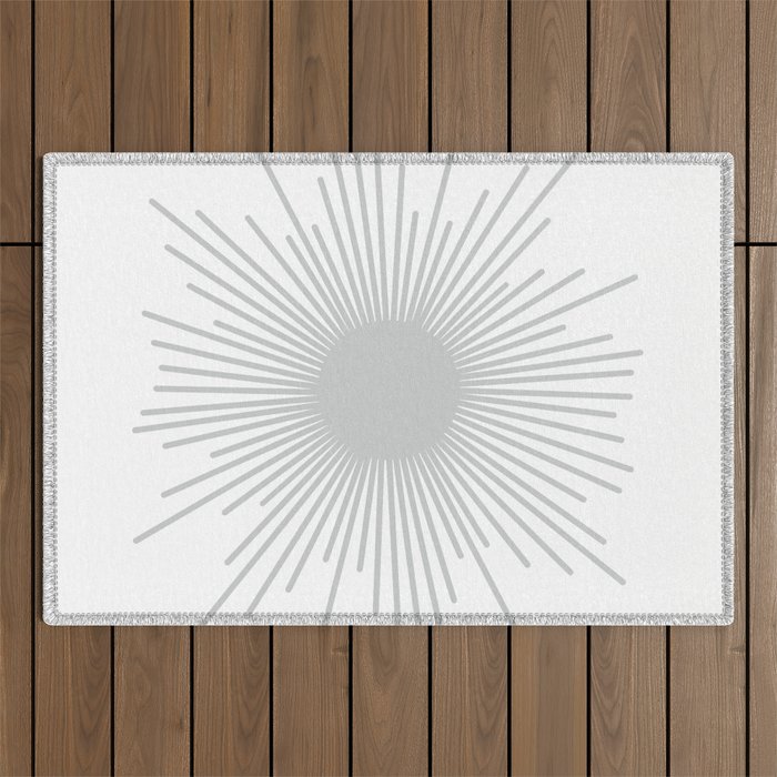 Mid Century Modern Sunburst Sun in Light Gray on White Outdoor Rug Gallery Image 1