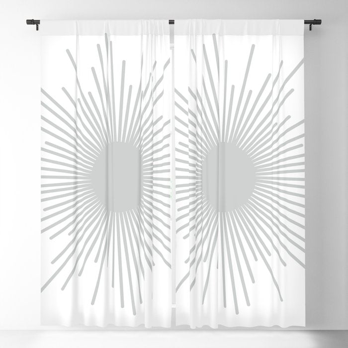 Mid Century Modern Sunburst Sun in Light Gray on White Window Curtain Gallery Image 1